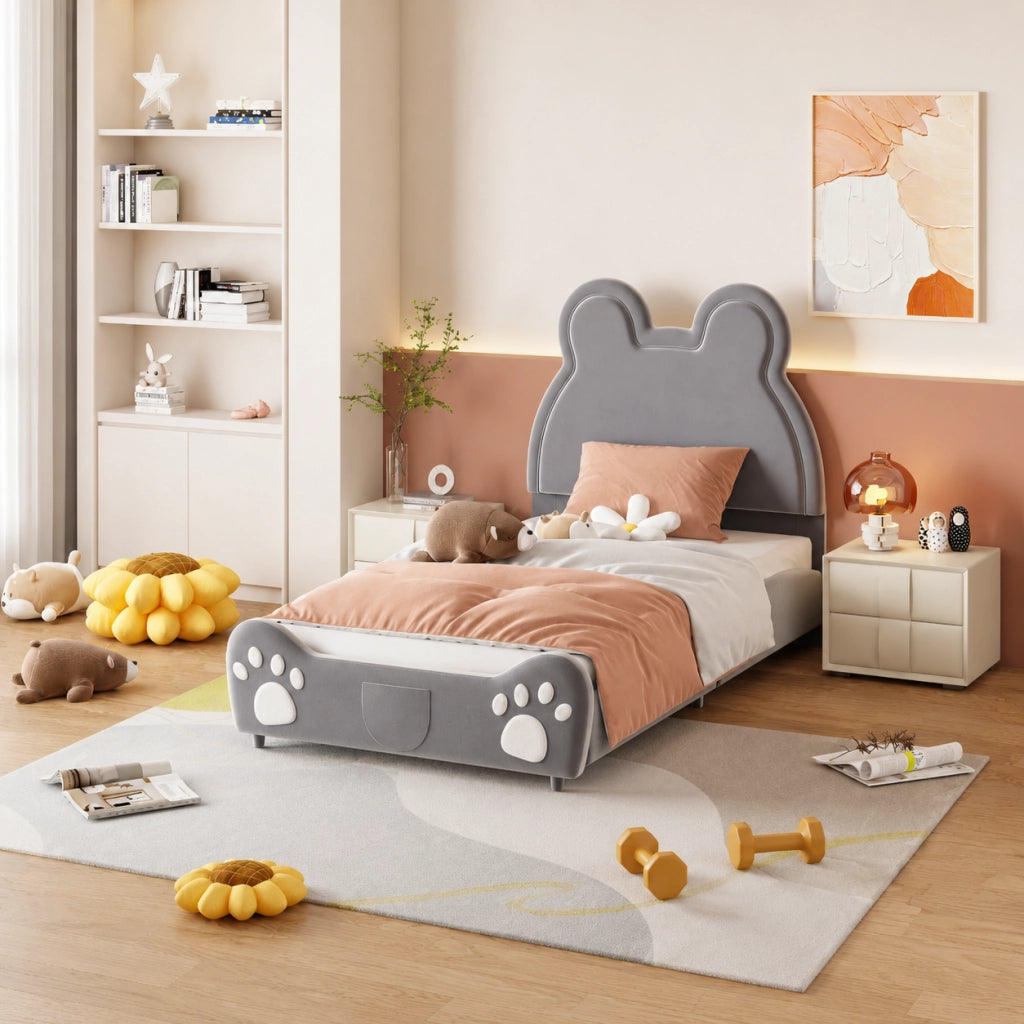 Letto per bambini 90x200 cm a forma di orso; imbottito in tessuto vellutato grigio