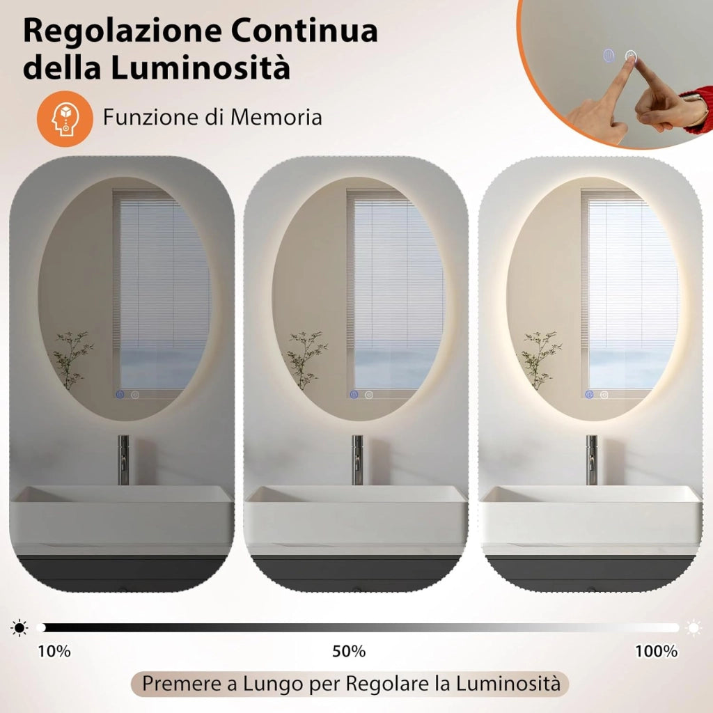 Specchio da Bagno Ovale 70 x 50 CM, Specchio da Toeletta con Luce LED, Antiappannamento, 3 Colori di Luce Dimmerabili, Funzione Memoria e Vetro Temperato Infrangibile per Ingresso