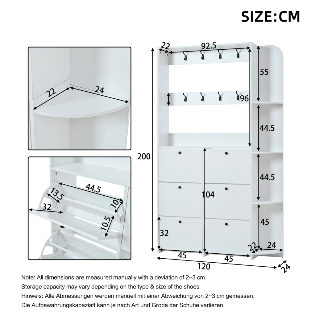 Mobile ingresso bianco con 8 ganci e 6 scarpiere ribaltabili
