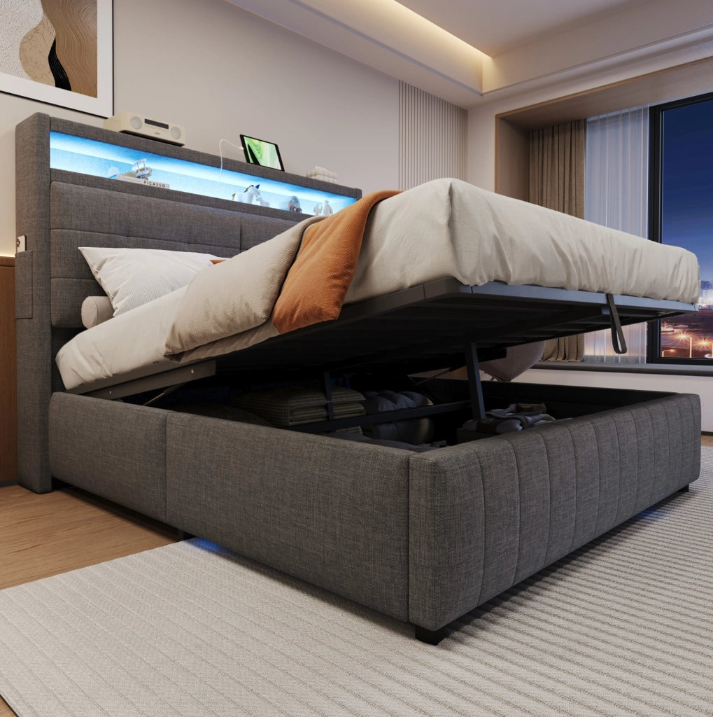 Letto matrimoniale imbottito 160x200 cm con LED e USB grigio