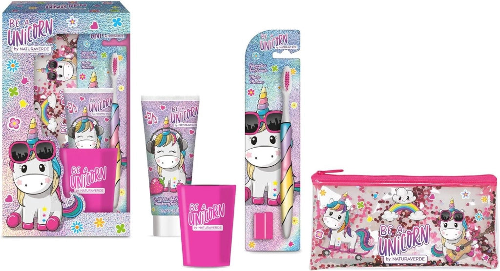 UNICORNO COFANETTO REGALO CON SPAZZOLINO DA DENTI MANUALE CON SETOLE MEDIE E DENTIFRICIO ALLA FRAGOLA, 75 ML