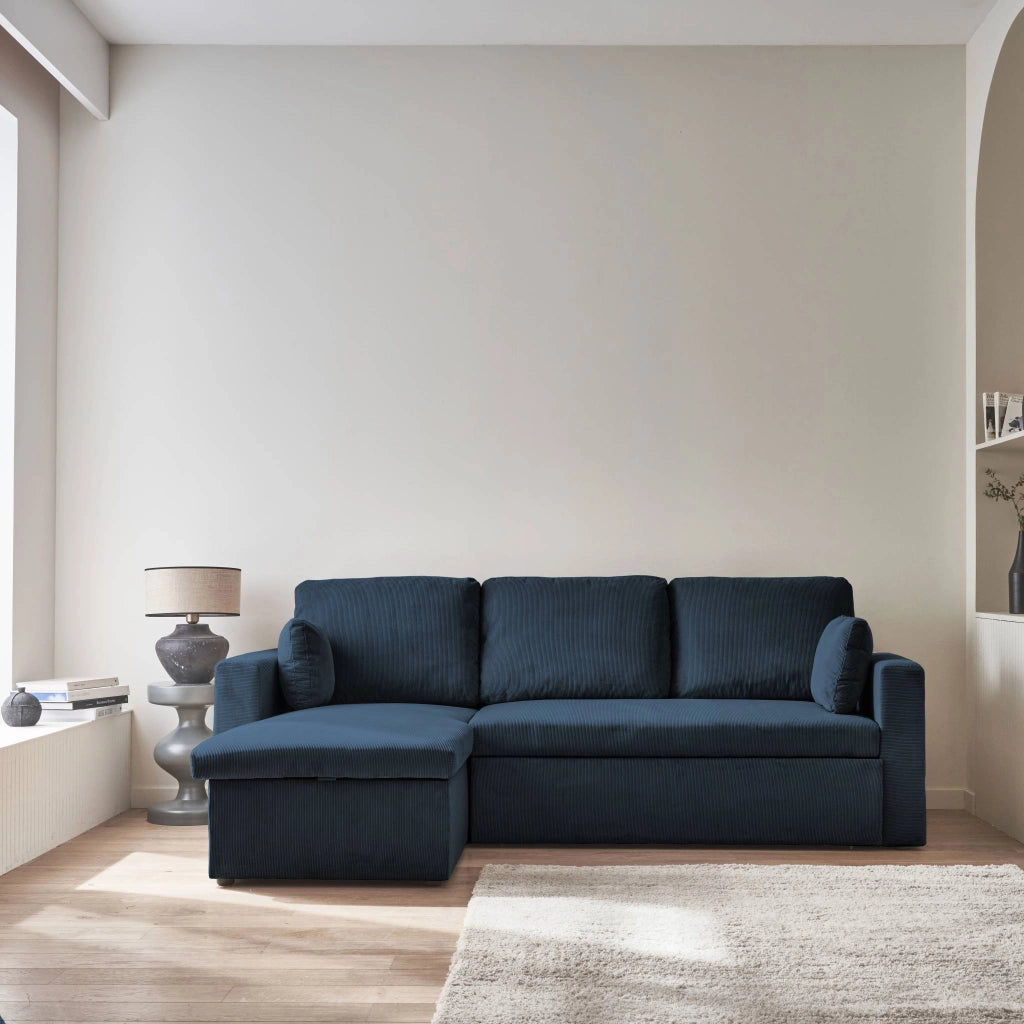 Divano letto angolare reversibile in velluto a coste, 3 posti, blu