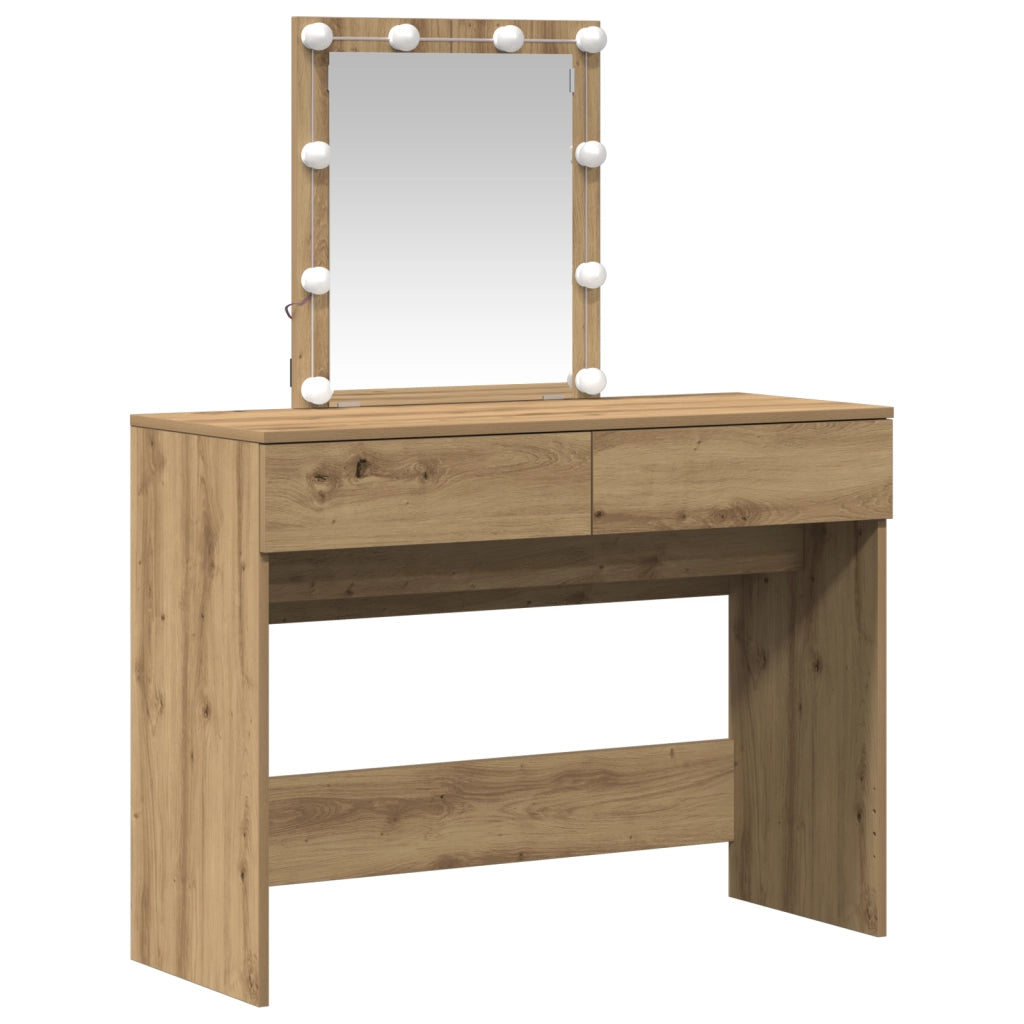 Tavolo da Toeletta con Specchio e LED Finitura Rovere Artigianale in Legno Ingegnerizzato