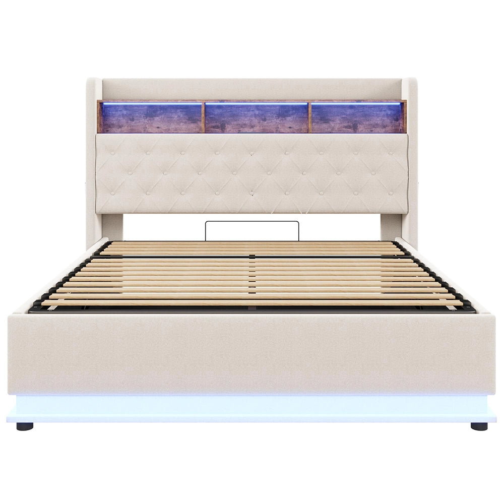 Letto matrimoniale-Xylo-180x200 cm-LED, USB, idraulico, lino, beige