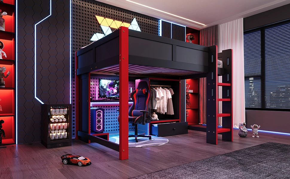 LETTO A CASTELLO gaming 140x200 cm nero e rosso con scrivania, armadio e ripiani