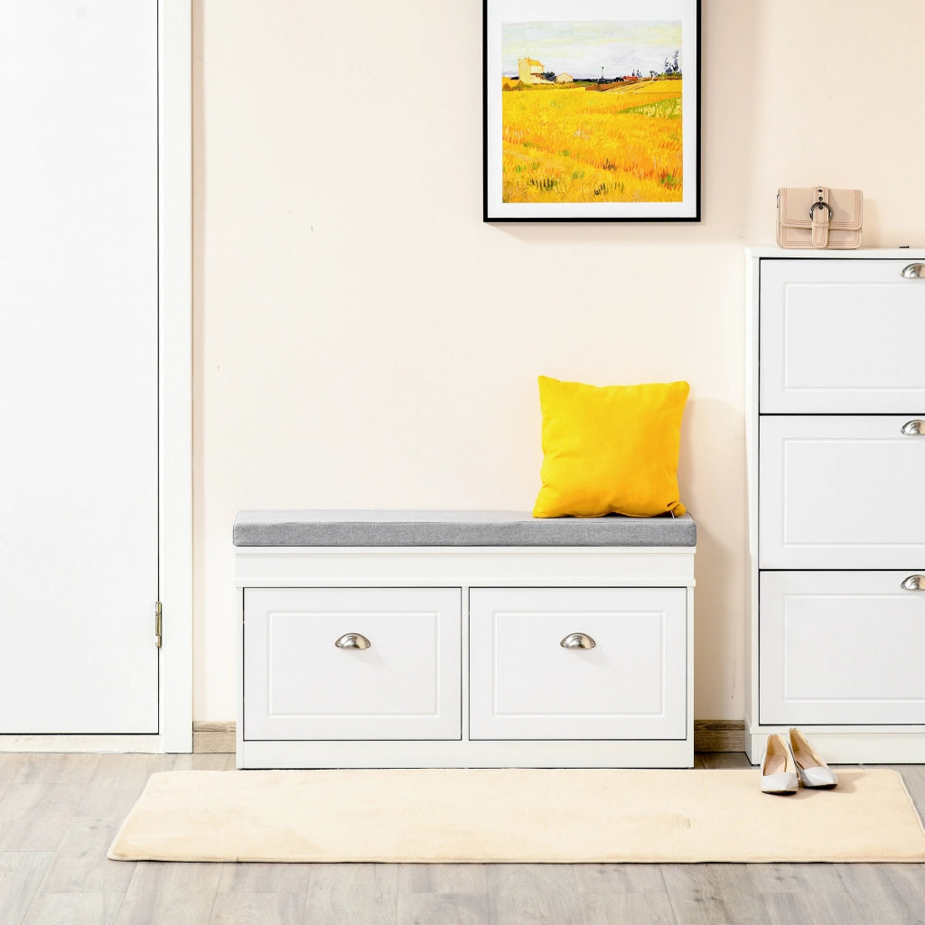 Panca Scarpiera Salvaspazio con Cuscino e 2 Cassetti ¨C Zephmum ¨C 104x24x55cm, Bianco, Legno