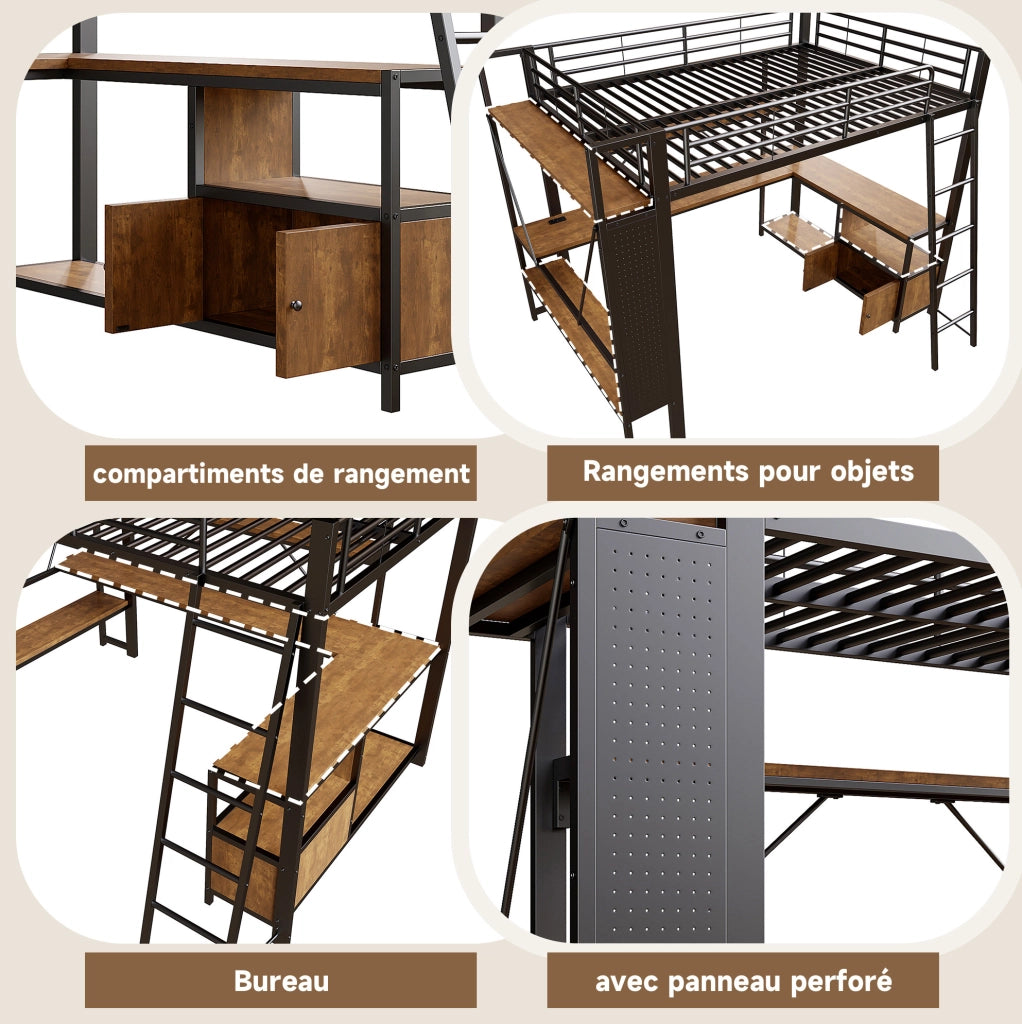 Letto a soppalco ULEVR 90x200 cm con scrivania, LED regolabile via app, USB e ripiani, nero