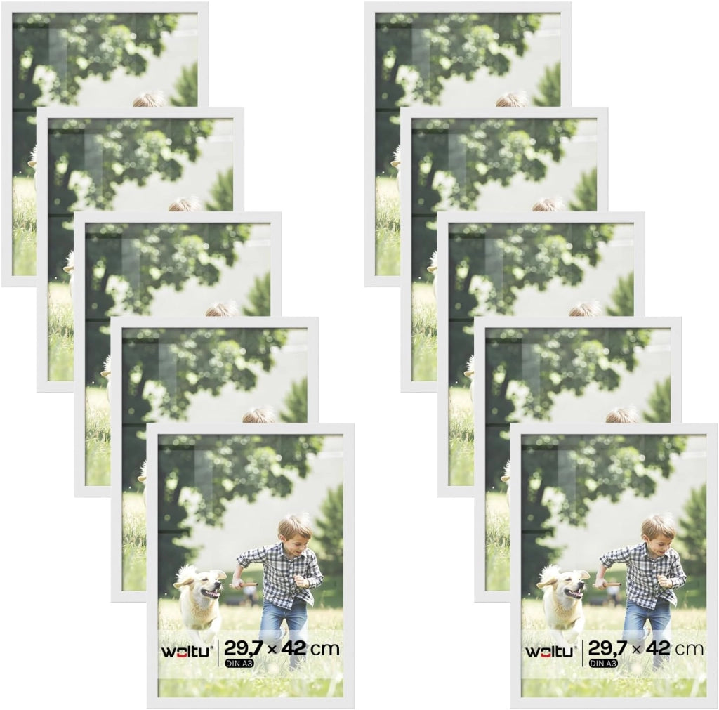 Set di 10 Cornici A3 29,7x42 cm con Passepartout, Portafoto in Orizzontale o Verticale, da Parete o Tavolo, in Legno MDF, Bianco