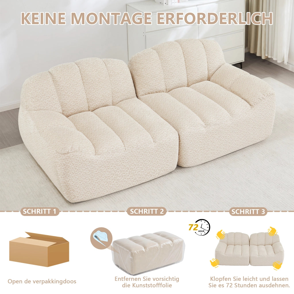 Divano modulare 2 posti senza montaggio con seduta profonda e braccioli ergonomici in pile granulato beige bianco