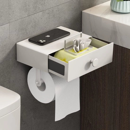 Supporto per carta igienica con contenitore umido, supporto per carta igienica senza perforazione, supporto per carta igienica con piastra, supporto per carta igienica per bagno e toilette da appendere al muro (bianco)