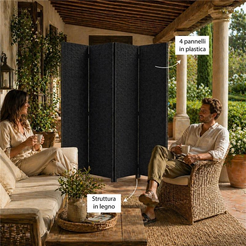 SEPARE' CON QUATTRO PANNELLI IN PLATICA NERO CON STRUTTURA IN LEGNO MISURE: 180X180CM
