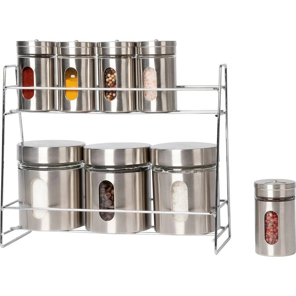 Trade Shop - Set 8 Pezzi Barattoli Portaspezie In Vetro Acciaio Inox Con Stand Cucina -