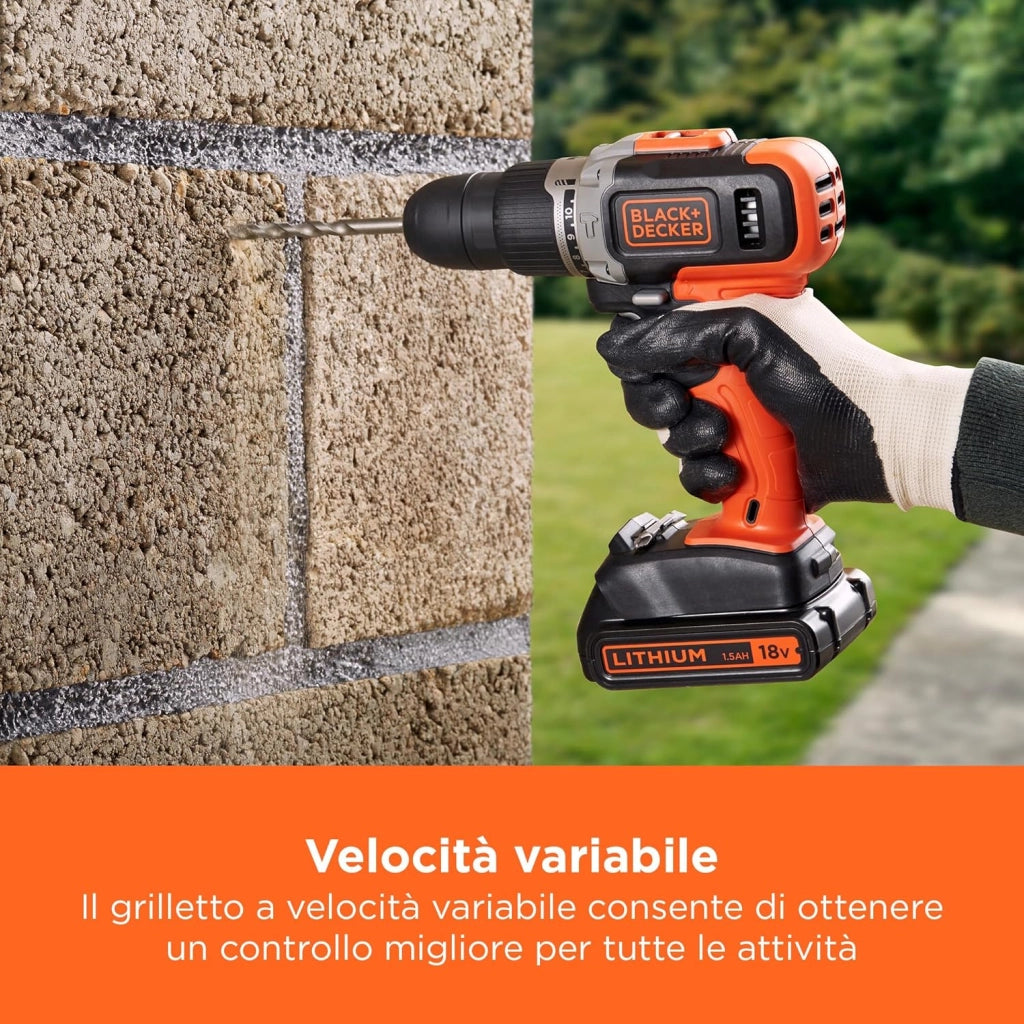 BLACK+DECKER Trapano a percussione a batteria da 18V a 2 velocità con due batterie da 1,5Ah e caricatore da 400mA, coppia di 45Nm, luce da lavoro a LED, BCD003C2K-QW