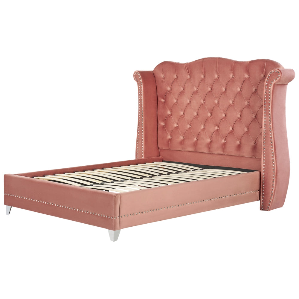 Letto in velluto color rosa 160 x 200 cm testiera alta decorata con bottoncini stile retrò e tradizionale