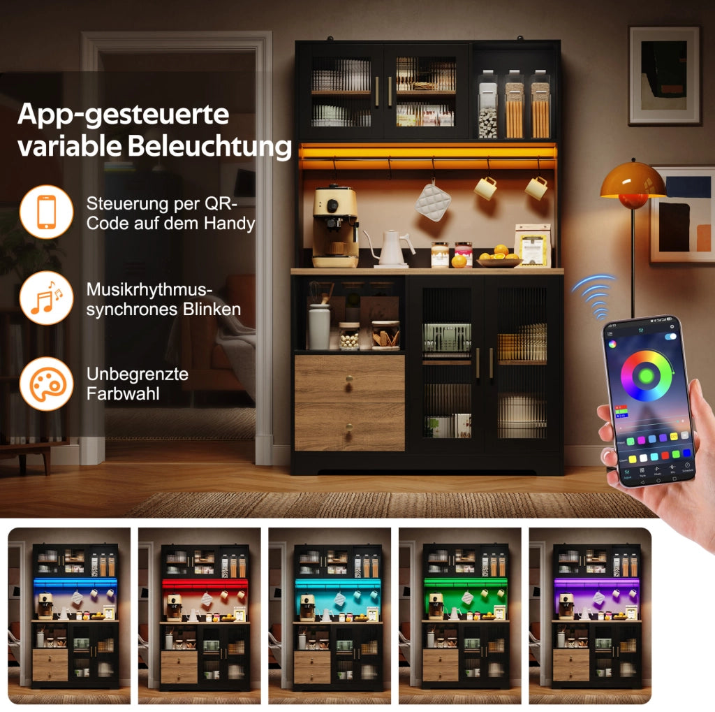 Credenza alta da cucina LED con prese USB; 110x40x178 cm; MDF; nera