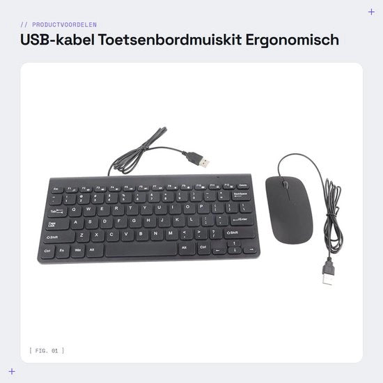 Cavo USB Tastiera e Mouse Ergonomico Mini Tastiera e Mouse - Progettazione Ultracompatta - Nero e Bianco - Adatto per Ufficio e Computer