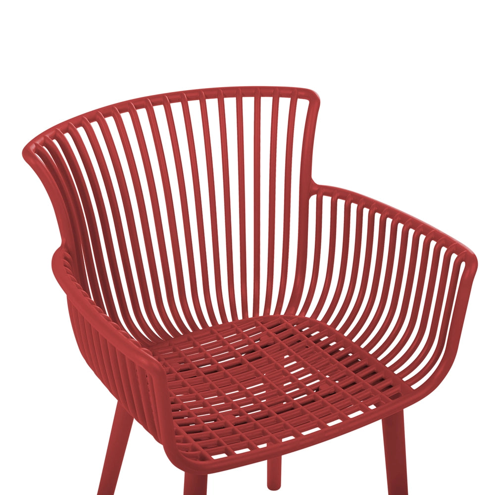 Set di 4 sedie da pranzo in plastica rossa per interni ed esterni da giardino con braccioli in stile minimalista