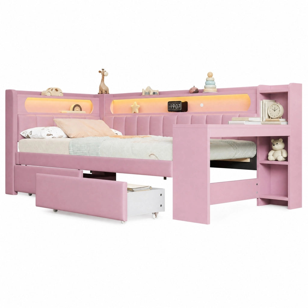 Daybed imbottito 90x200 cm rosa con LED; USB; scrivania integrata e 2 cassetti