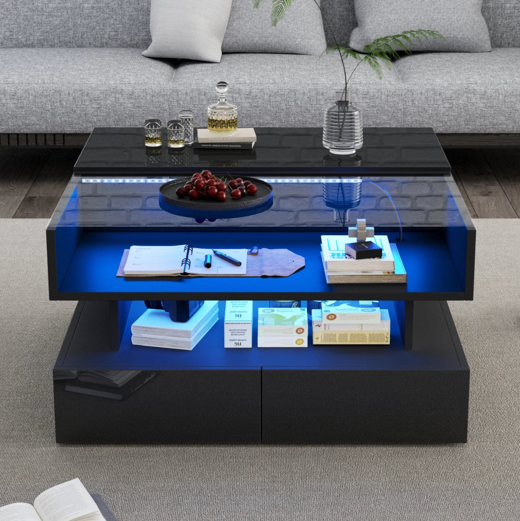 Tavolino da caffè nero 80x80 cm elevabile con LED, vetro e 2 cassetti