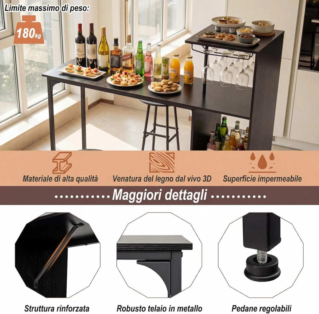 Set 3 Pezzi Tavolo e Sedie da Bar, Tavolo e Sgabelli da Pub Industriale con Porta Calici e 6 Portabottiglie da Vino, Set di Tavolo per Sala da Pranzo, Ristorante e Bar (Nero)