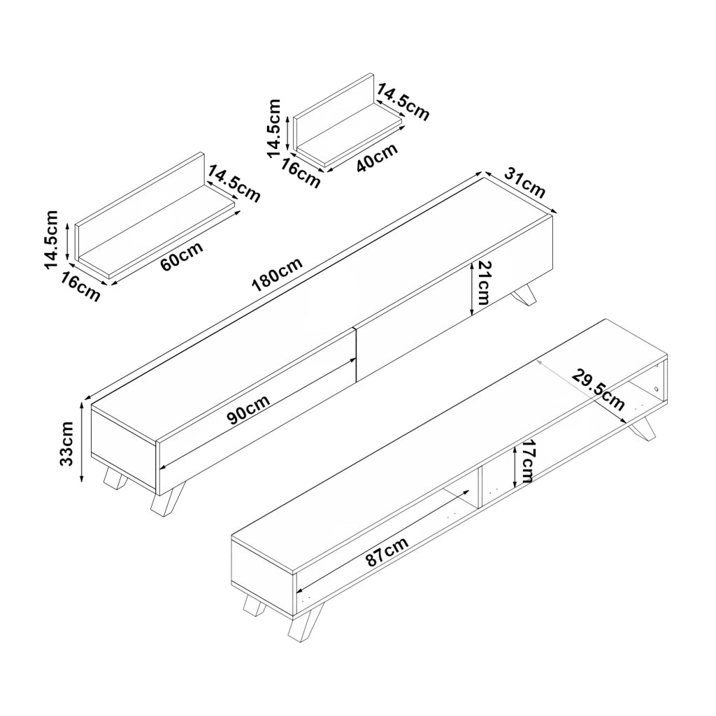 Set di Mobile TV e 2 Mensole da Muro Armadietto Porta TV 180 cm con 2 Ante a Ribalta e Mensole a Forma di L Lunghezze Diverse - Nero [en.casa]
