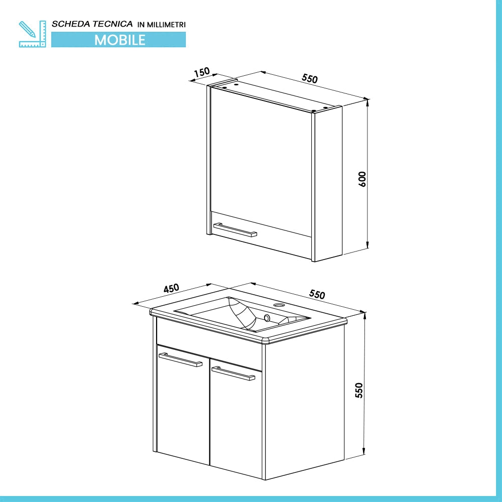 Mobile bagno sospeso 55 cm grigio chiaro effetto legno con armadietto a specchio Sofia