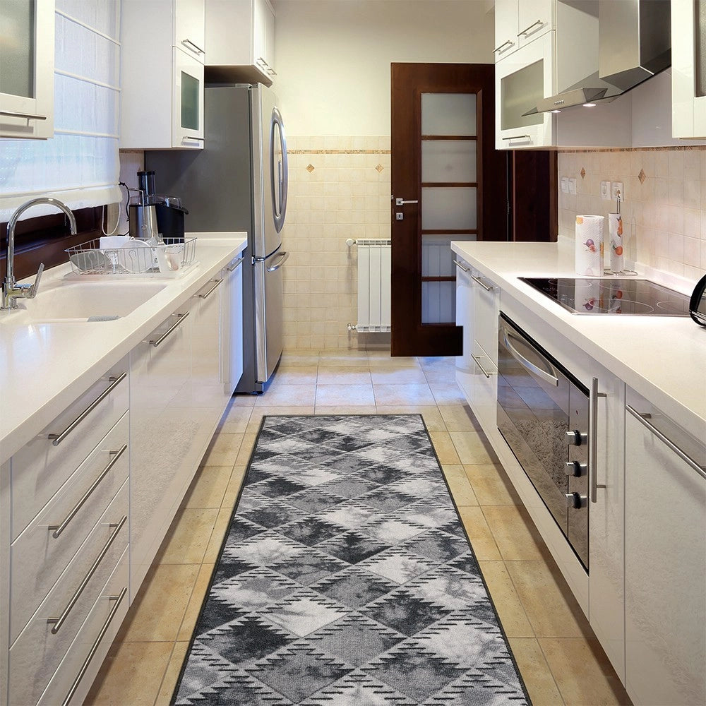 Tappeto Cucina Bordato Antiscivolo Assorbente Passatoia Colori Accesi Patchwork 50x115 Cm Grigio