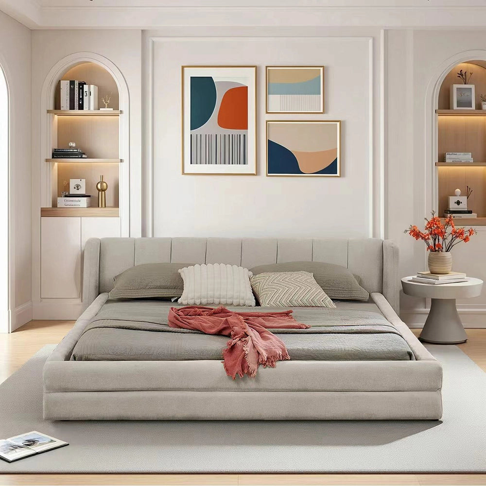 Letto Matrimoniale 140x200cm - Xylo - Testiera Chenille e Struttura Eucalipto/Ferro Beige