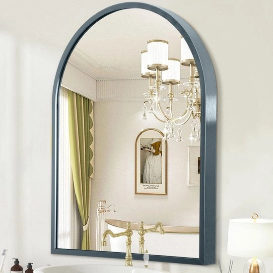 Specchio da bagno curvo, specchio da parete, specchio da tavolo blu con cornice metallica per soggiorno, camera da letto, ingresso, grande 65 x 45 cm