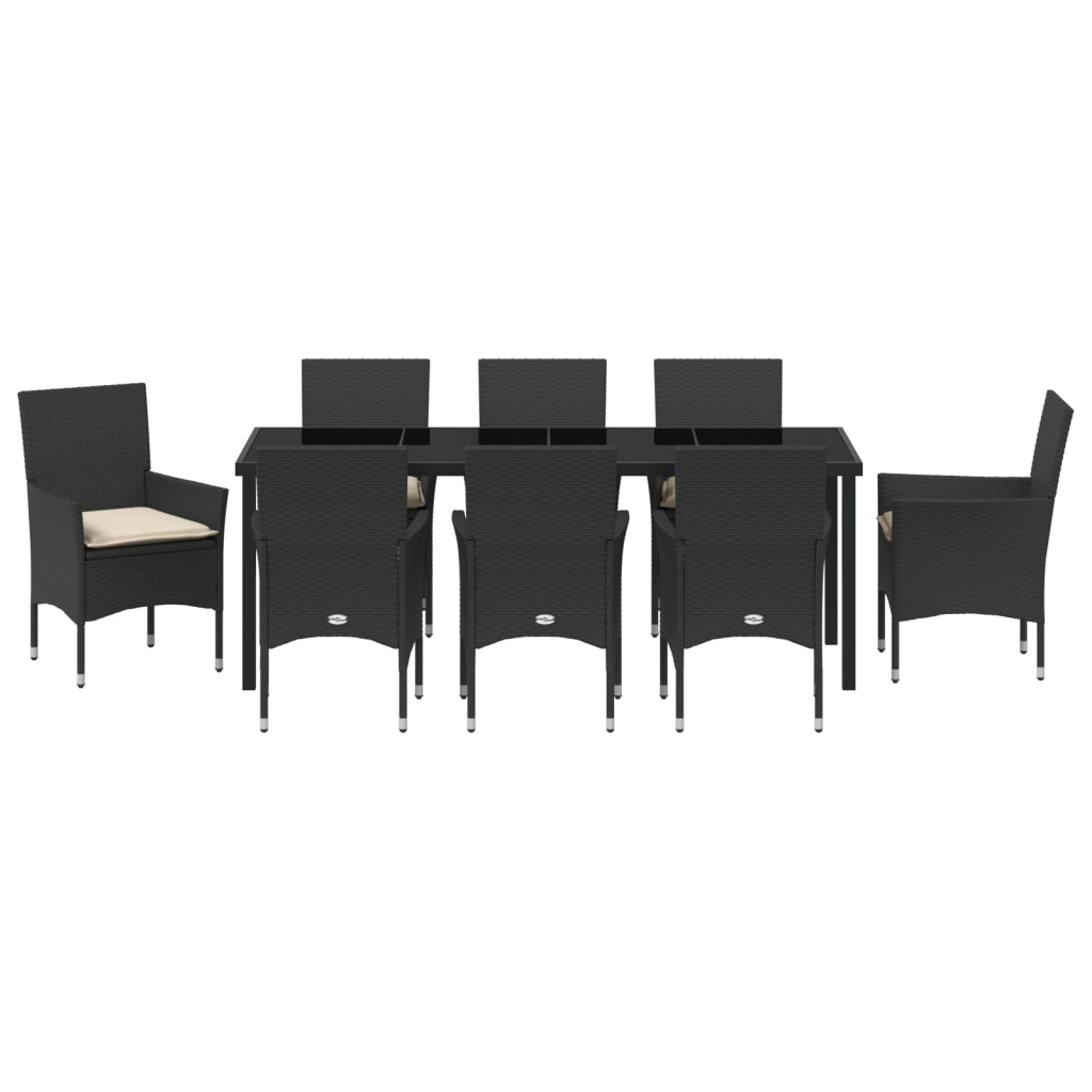 Set da Pranzo da Giardino  9 Pezzi con Cuscini in Rattan Polyrattan Nero
