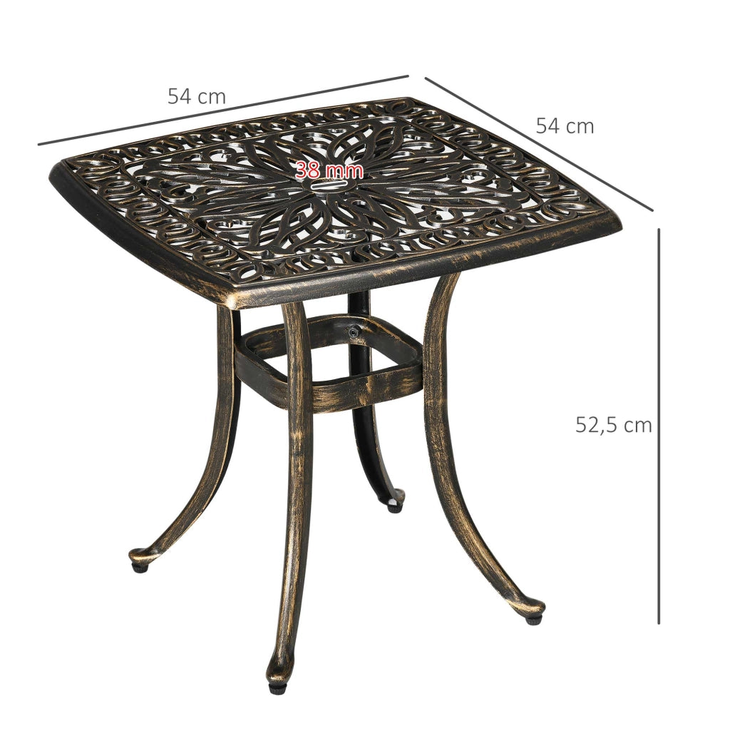 TAVOLINO da esterno 54x54x52,5 cm in alluminio bronzo con foro per ombrellone