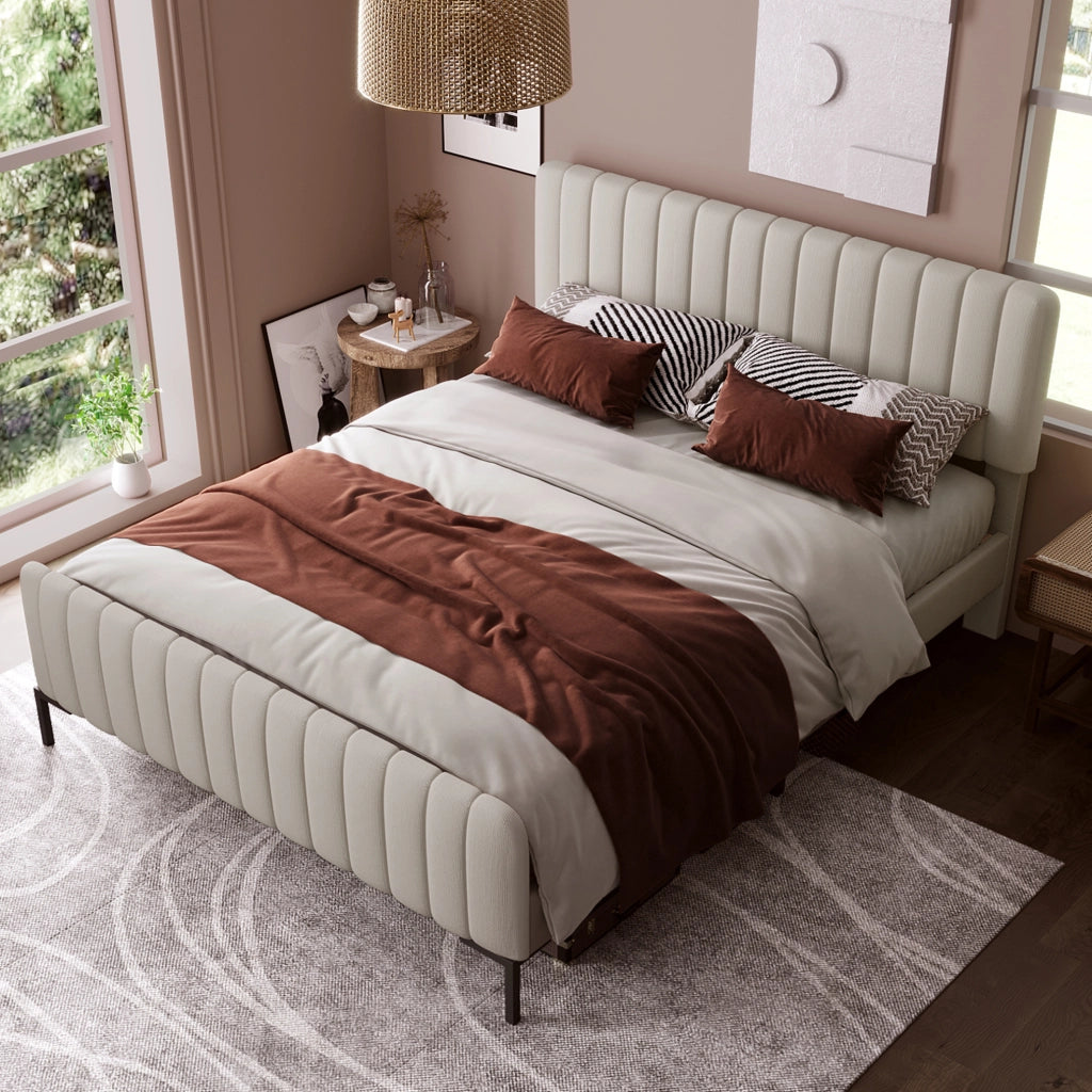 Letto imbottito 140x200 cm con testiera regolabile; lino grigio-beige