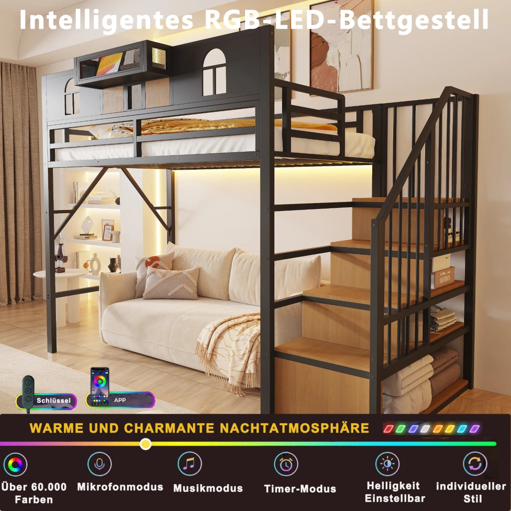 Letto a castello in metallo con scala contenitore e LED, 90x200 cm, nero