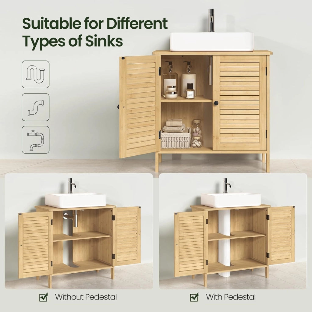 Armadio Sottolavabo in Bambù per Bagno, Organizzatore per Accessori da Bagno, Resistente all'Umidità, Traspirante, con Sifone 20x10 cm, Ripiano Regolabile, 60x30x60 cm
