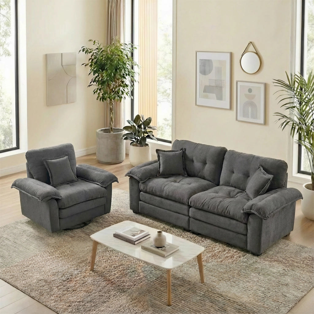 Divano modulare a 2 posti e poltrona con seduta profonda, cuscini e memory foam per salotto in ciniglia grigia