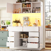 OKWISH Credenza Alta da Cucina con 8 Cassetti, Ripiani Regolabili, LED e Chiusura Magnetica, Bianco, 120×40×183.5 cm