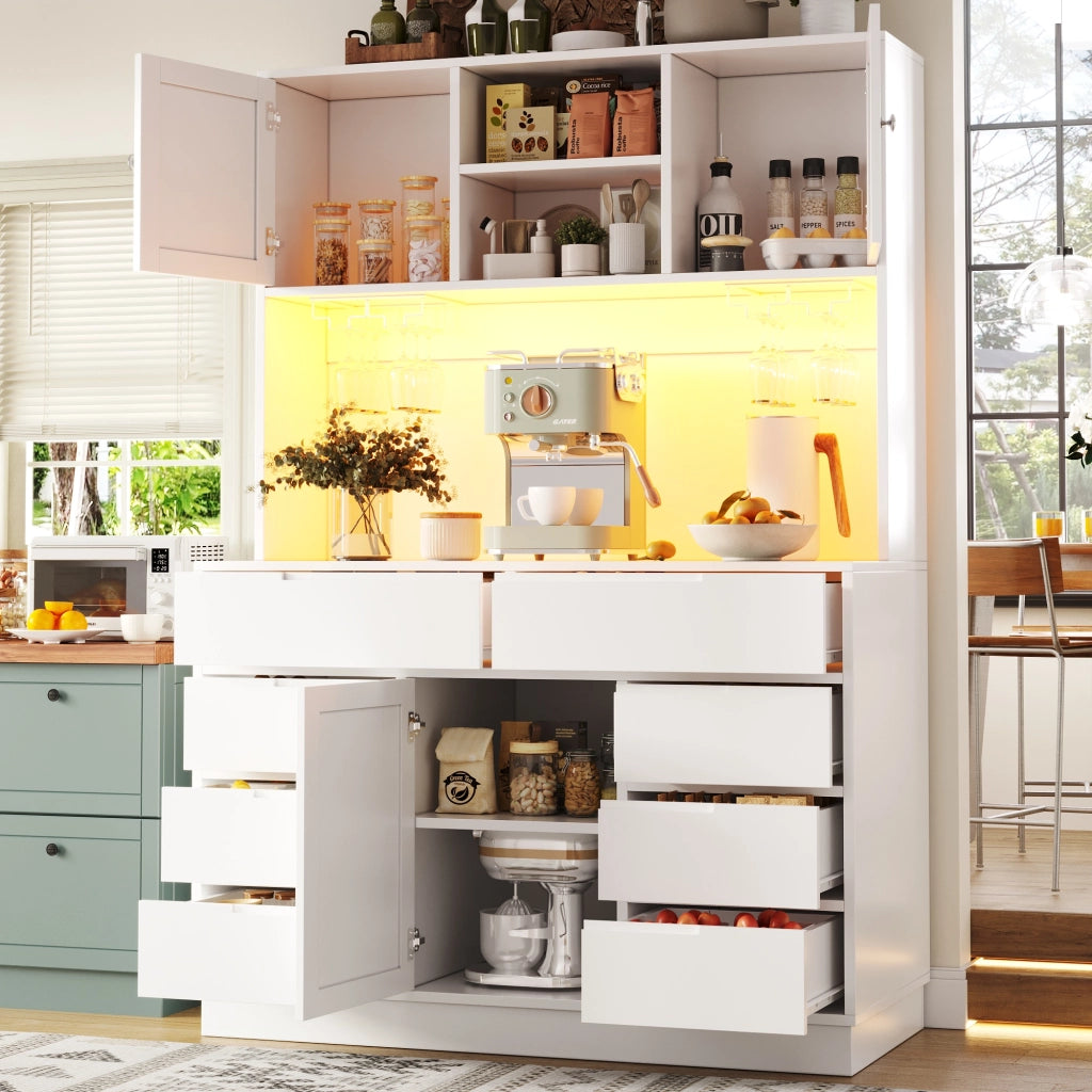 OKWISH Credenza Alta da Cucina con 8 Cassetti, Ripiani Regolabili, LED e Chiusura Magnetica, Bianco, 120×40×183.5 cm