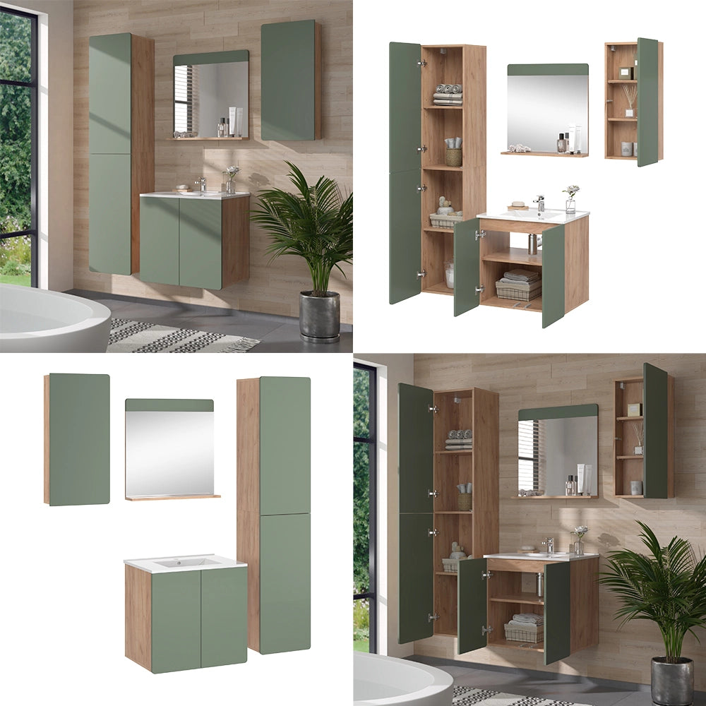 Vicco Set di mobili da bagno Goldkraft rovere/verde 5 pezzi con colonna e pensili
