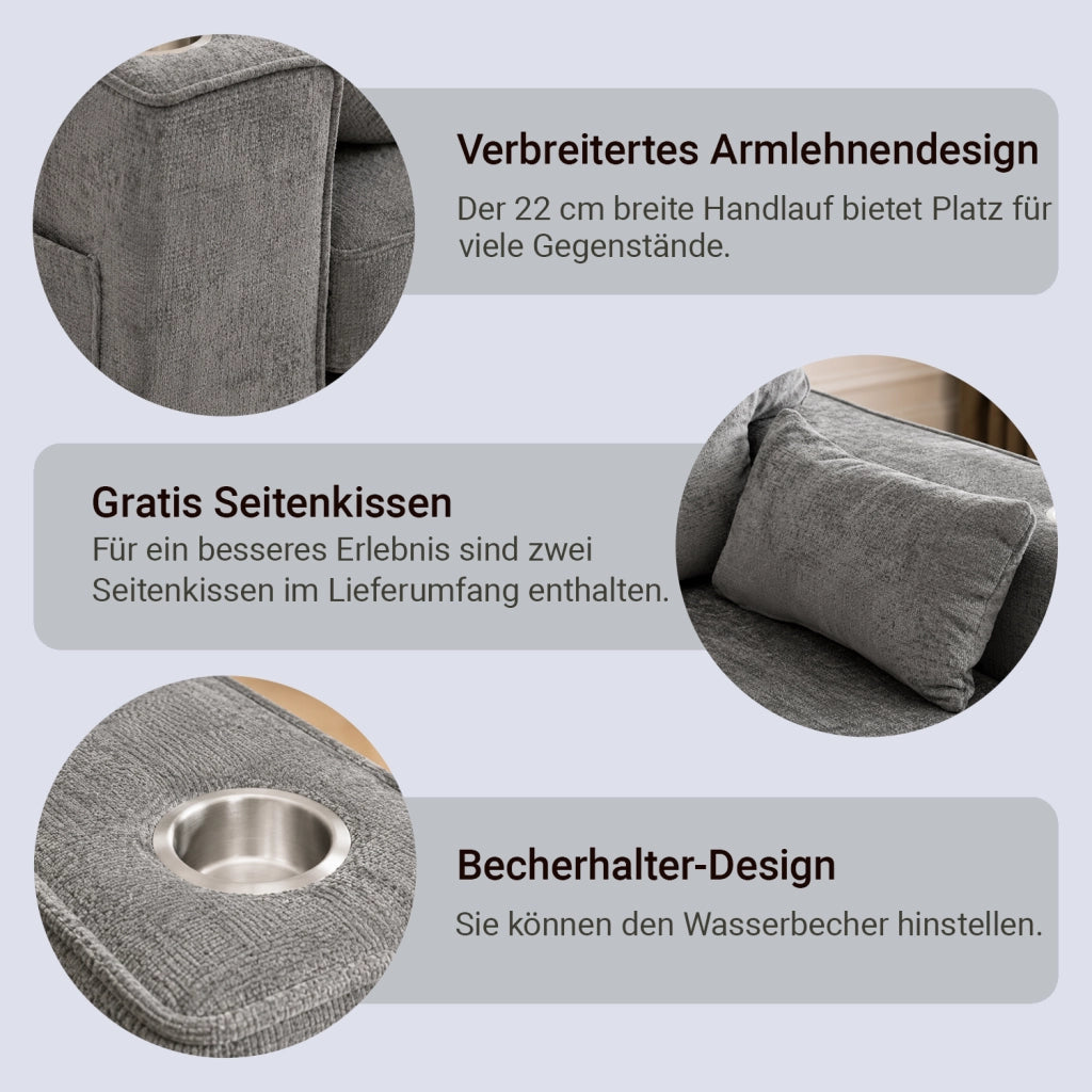 Divano a 2 posti con portabicchieri e tasche laterali in tessuto chenille grigio scuro per soggiorno 182 cm