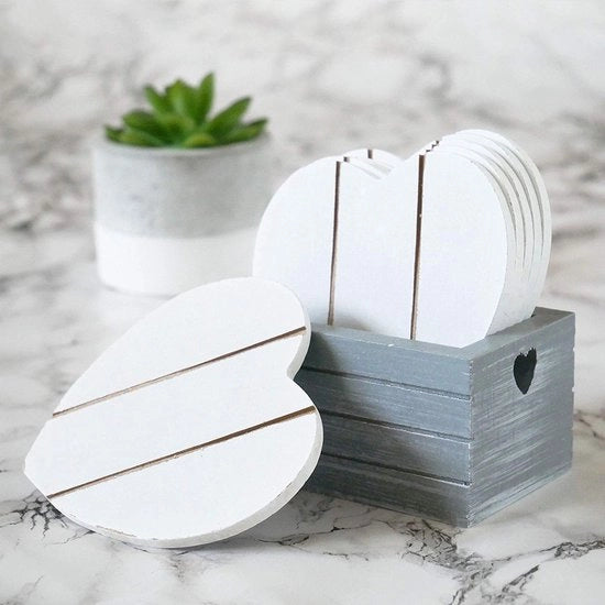 Set di 6 sostegni in legno bianco con cuori in Provenza grigio o legno naturale, scatola di conservazione shabby chic, sostegni per bicchieri, decorazione rustica per la casa