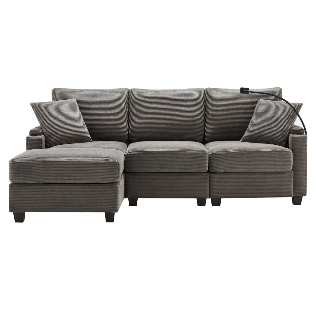 Divano angolare L convertibile 3 posti - Zephmum- Con pouf, porta bevande, USB, braccioli, 2 cuscini - Grigio scuro