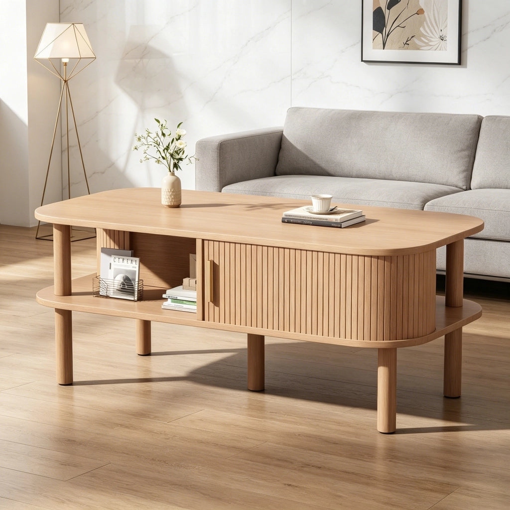 Tavolino da caffè 110×55×45 cm in MDF, design scandinavo con porta scorrevole, vani aperti e portata fino a 60 kg