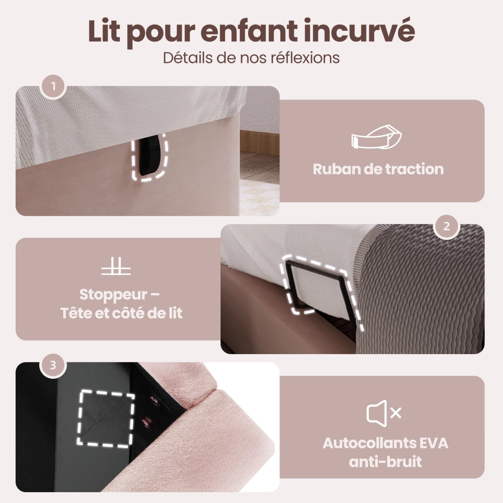 Letto Contenitore 90×200 cm; Letto Singolo con Testiera Semicircolare; senza Materasso; Velluto Rosa