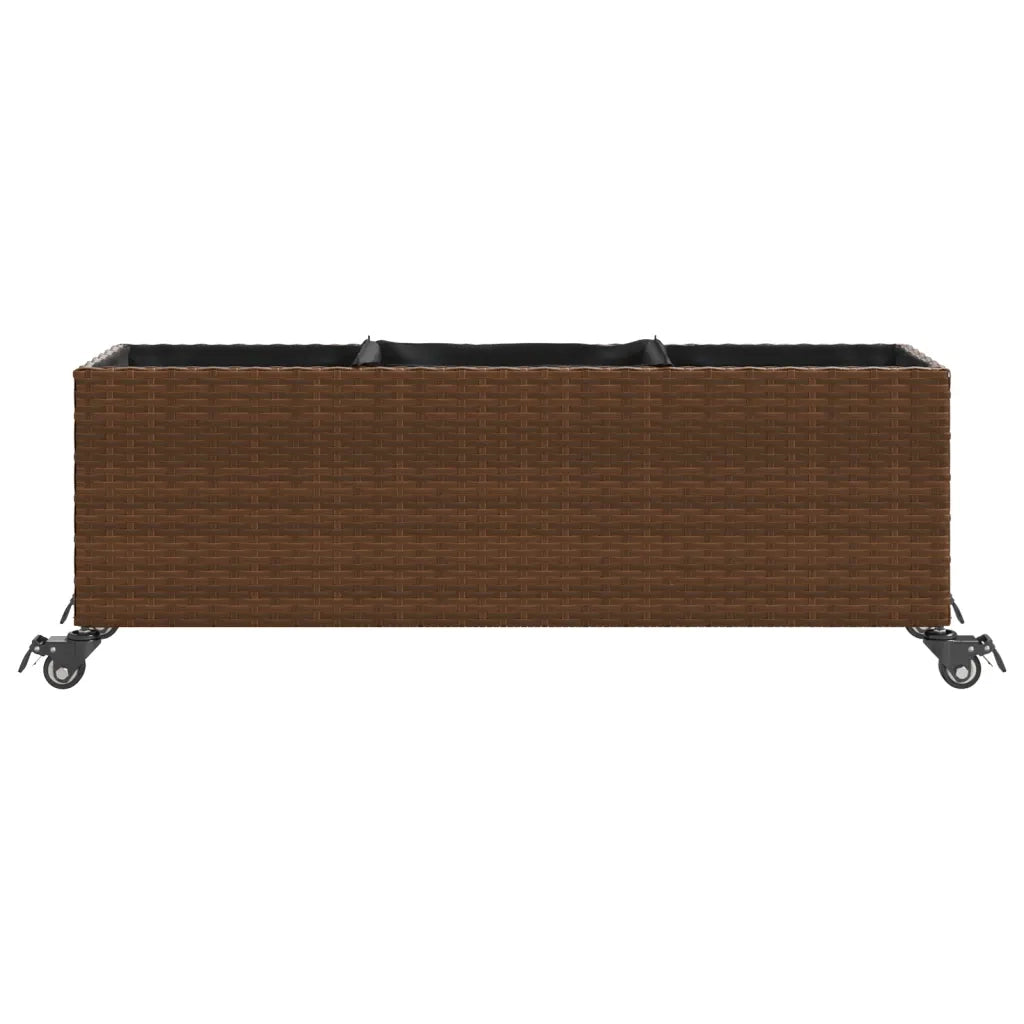 Fioriera con Ruote e 3 Vasi Marrone 107x32x38 cm in Polyrattan