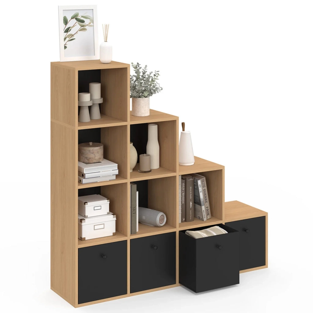 IDMarket - LORYS Contenitore a 4 livelli in legno e nero a gradini con 4 cassetti in tessuto