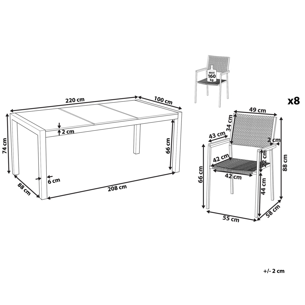 Set da pranzo da giardino Nero con piano in granito fiammato sedie in rattan 8 posti 220 x 100 cm