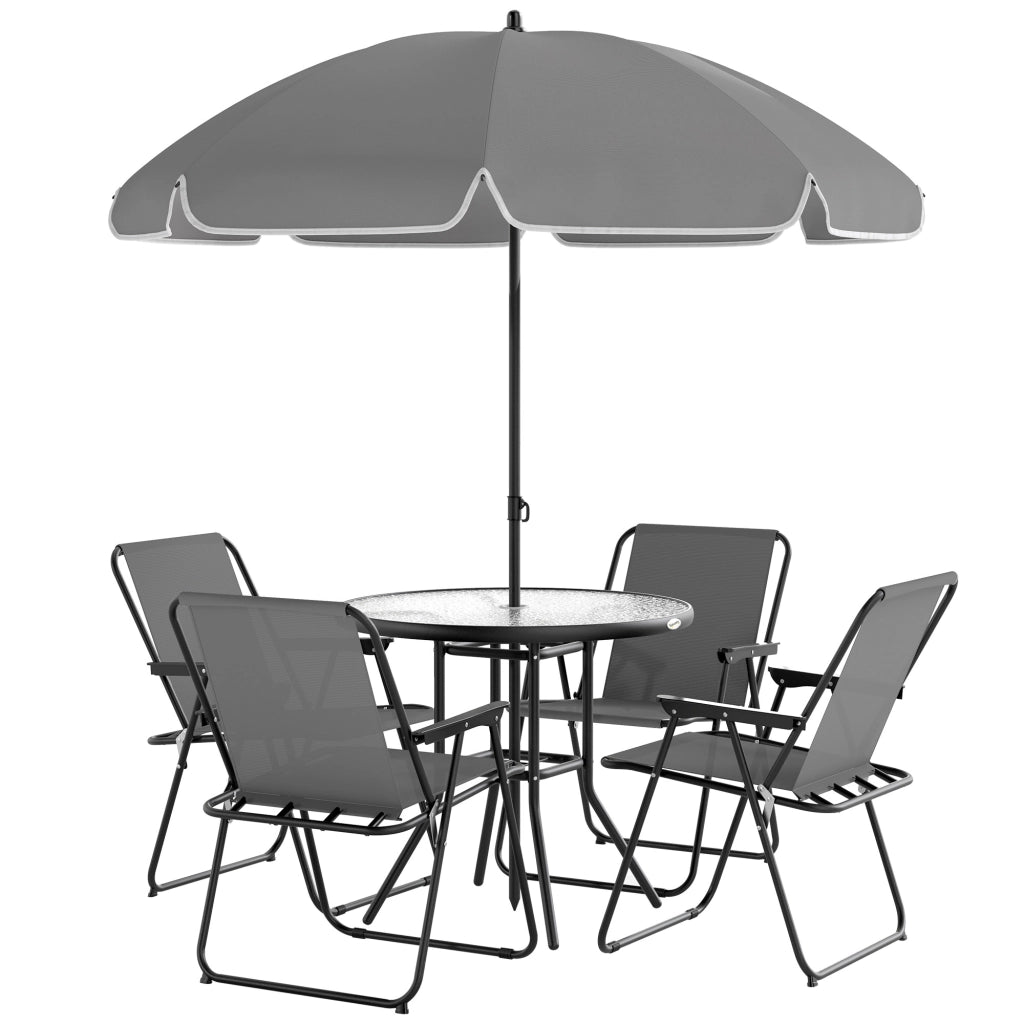 Set da Giardino 6 Pezzi in Acciaio con 4 Sedie Pieghevoli, Ombrellone e Tavolo Rotondo, Grigio e Nero