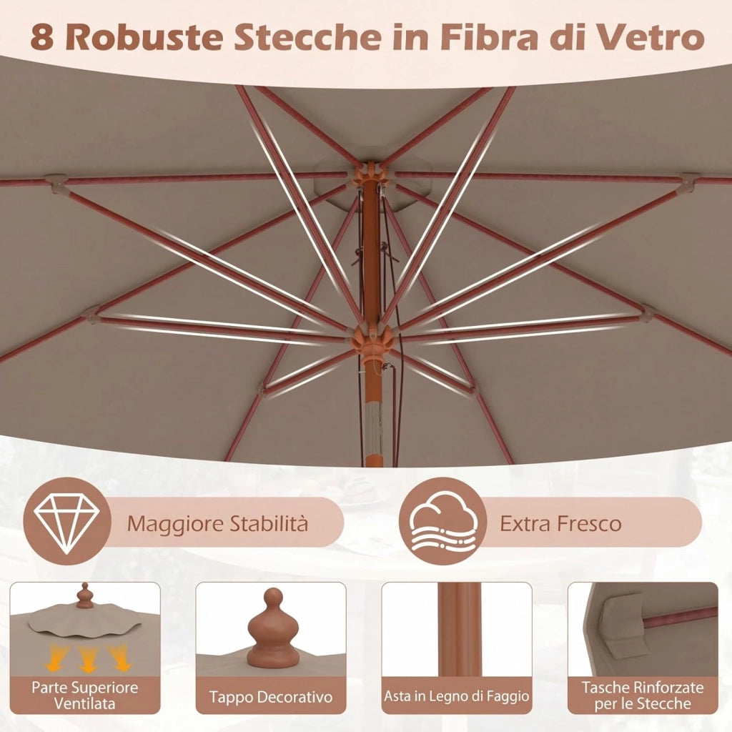 Ombrellone da Giardino 300 cm, con Inclinazione Regolabile, 8 Stecche, Ombrellone Spiaggia con Sollevamento a Carrucola, per Giardino, Spiaggia, Piscina (Marrone)