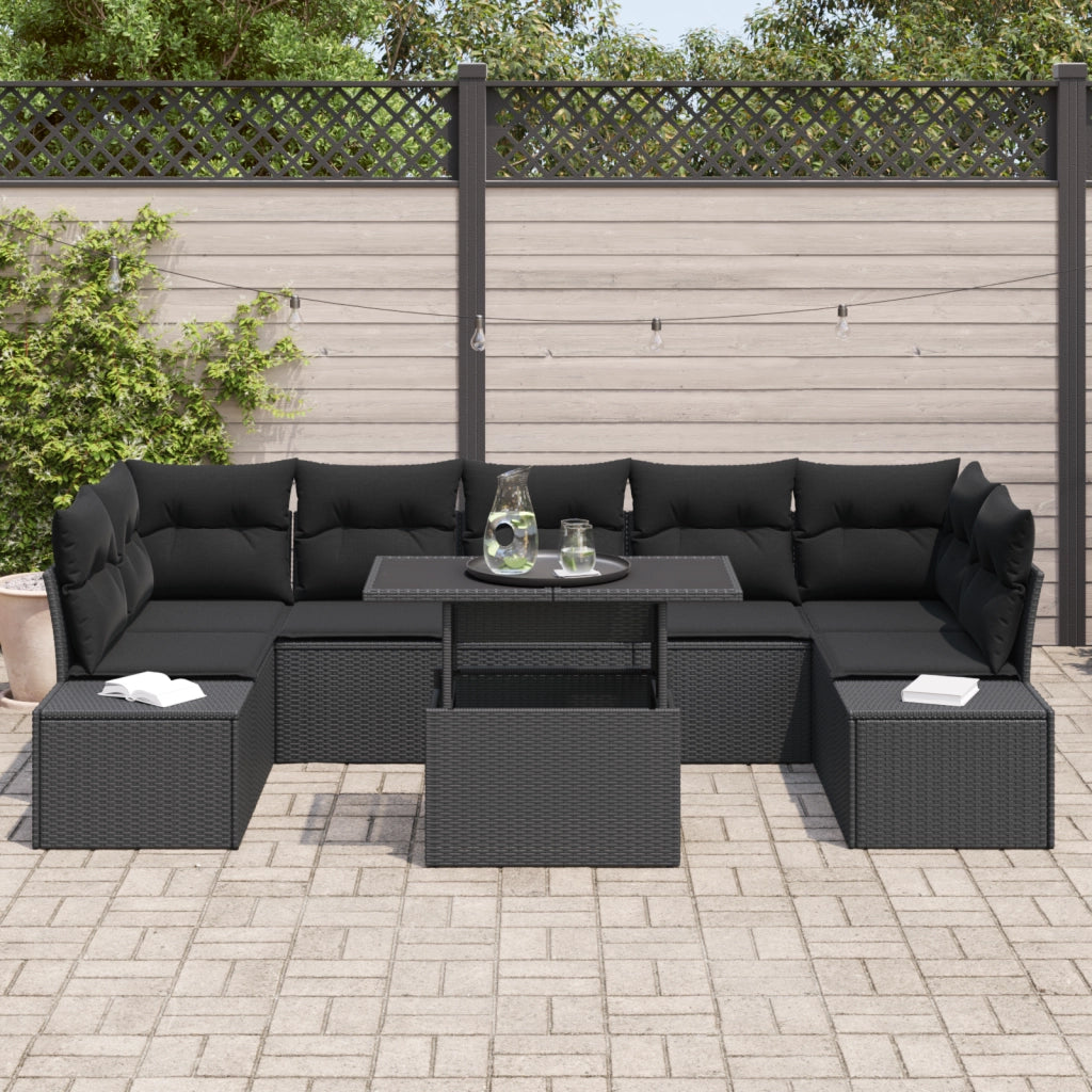 Set di Divani da Giardino in 8 Pezzi con Cuscini Neri in Rattan Polietilene