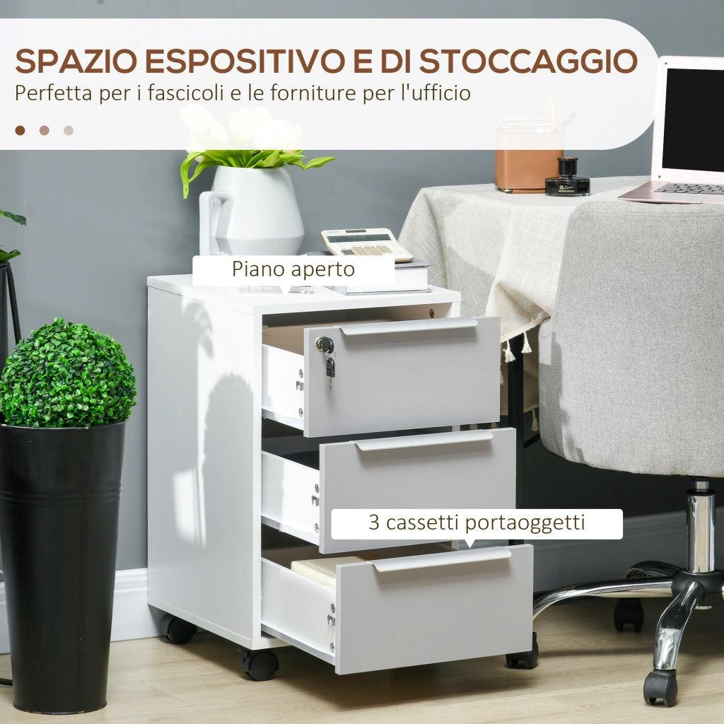 Cassettiera Portadocumenti a 4 Ruote 40x40x63,5 cm a 3 Cassetti con Chiavi di Sicurezza in MDF Bianco e Grigio